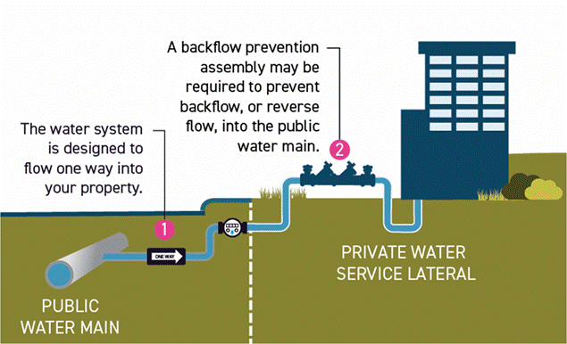 Public water main (district-owned drinking water pipe) supplying the neighborhood, with private service laterals downstream of the water meter connecting the main to your property.